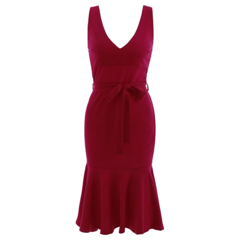 Plunge Mermaid Dress with Belt - Red Fansmadedirect