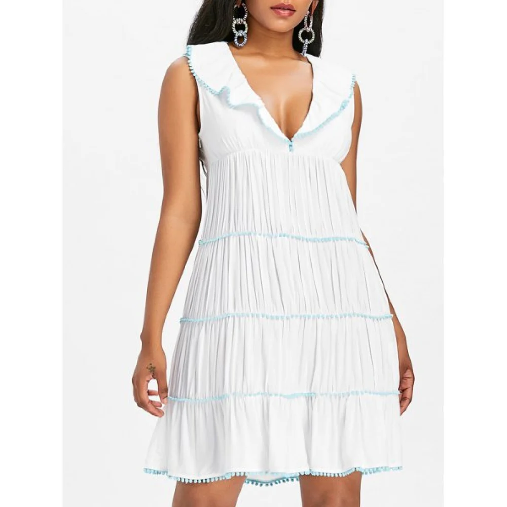 Plunge Neck Contrast Stitches Dress - White Fansmadedirect