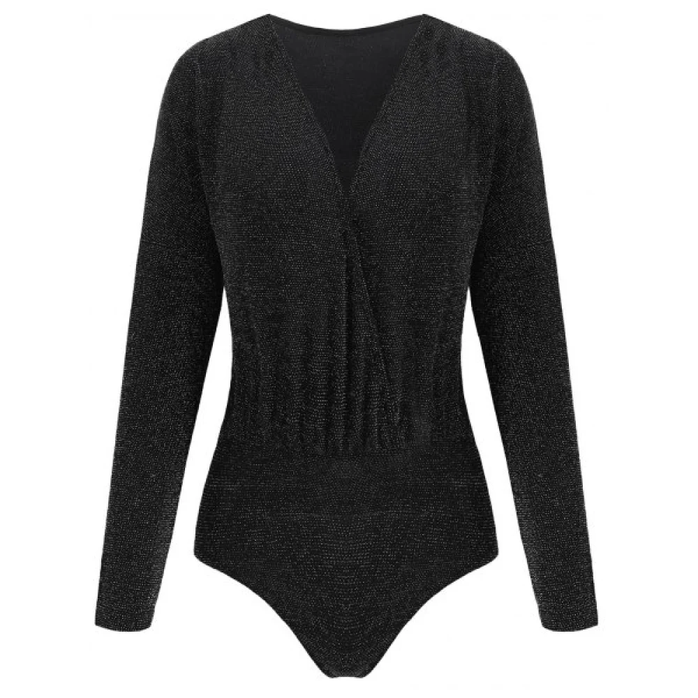 Plunge Neck Long leeve parkly Bodysuit - Black Fansmadedirect