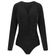 Plunge Neck Long leeve parkly Bodysuit - Black Fansmadedirect