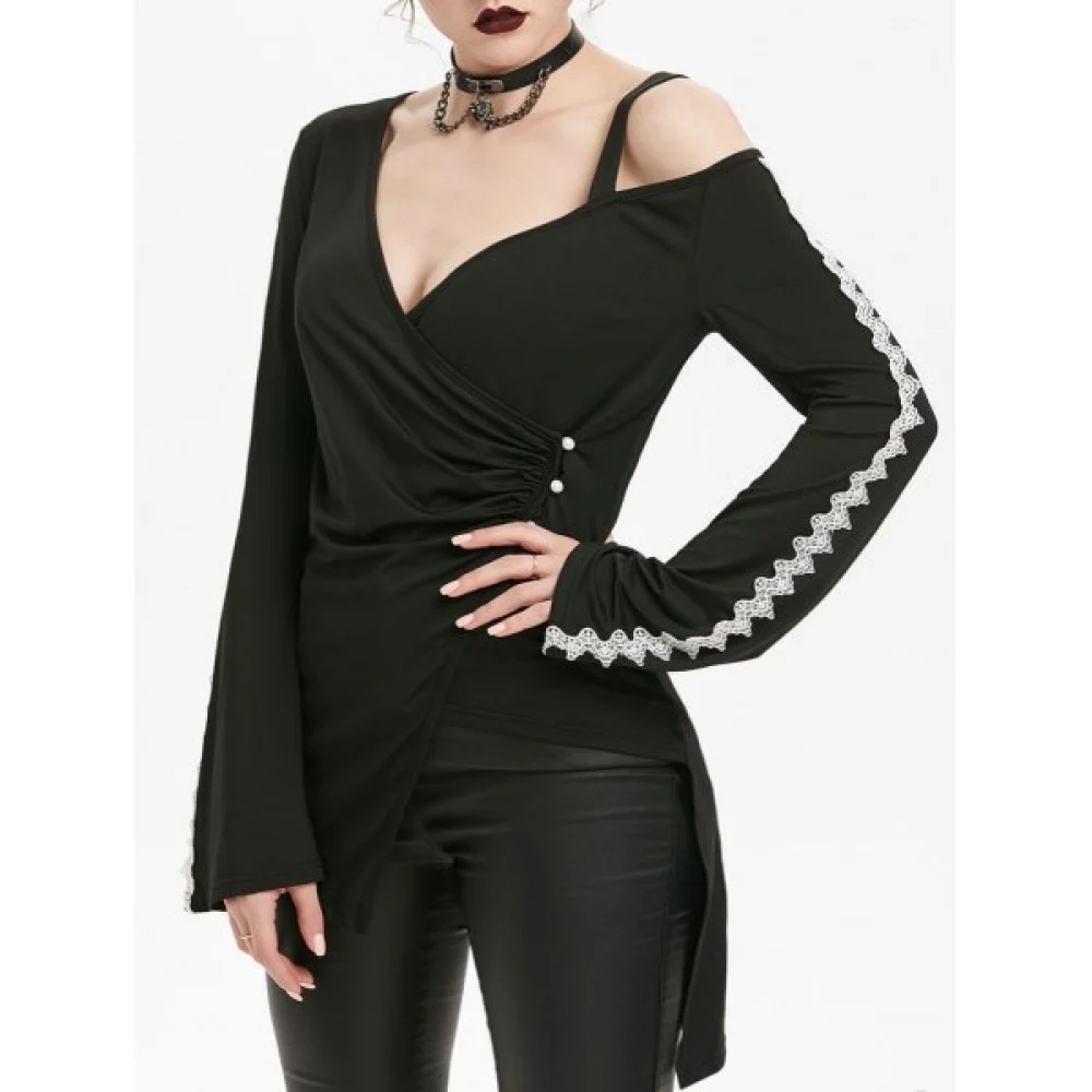 Plunging Neck Lace Crochet Overlap Gothic T-shirt - Black Fansmadedirect