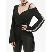 Plunging Neck Lace Crochet Overlap Gothic T-shirt - Black Fansmadedirect