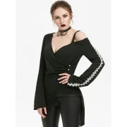 Plunging Neck Lace Crochet Overlap Gothic T-shirt - Black Fansmadedirect