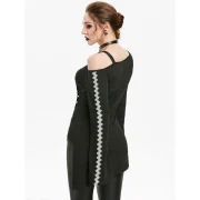 Plunging Neck Lace Crochet Overlap Gothic T-shirt - Black Fansmadedirect