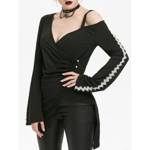 Plunging Neck Lace Crochet Overlap Gothic T-shirt - Black Fansmadedirect