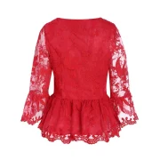 Plunging Neckline Bell Sleeve Peplum Blouse - Red Fansmadedirect