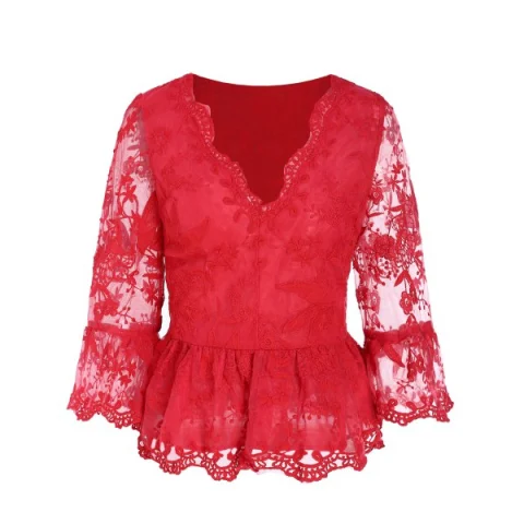 Plunging Neckline Bell Sleeve Peplum Blouse - Red Fansmadedirect