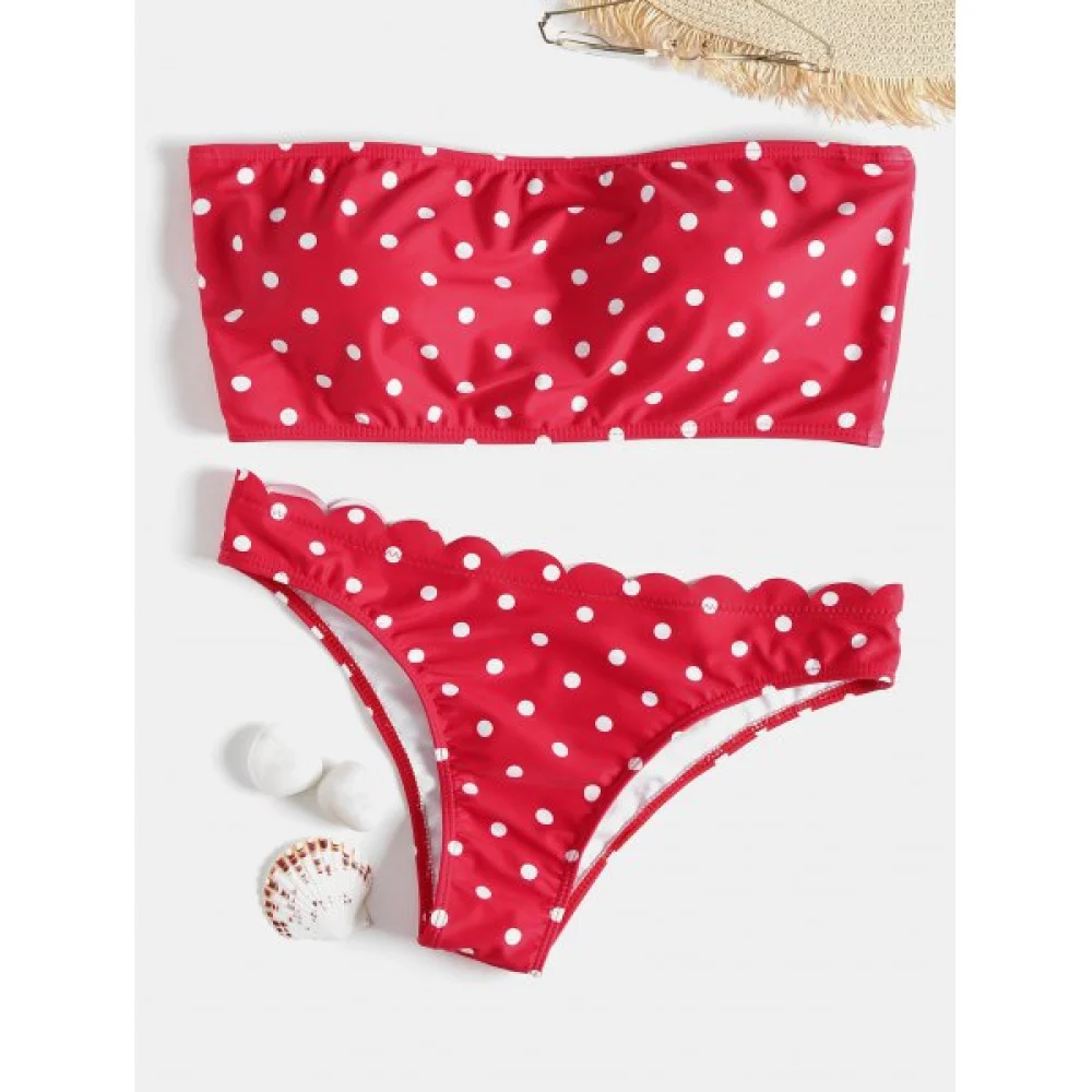 Polka Dot Bandeau calloped Bikini - Red Fansmadedirect