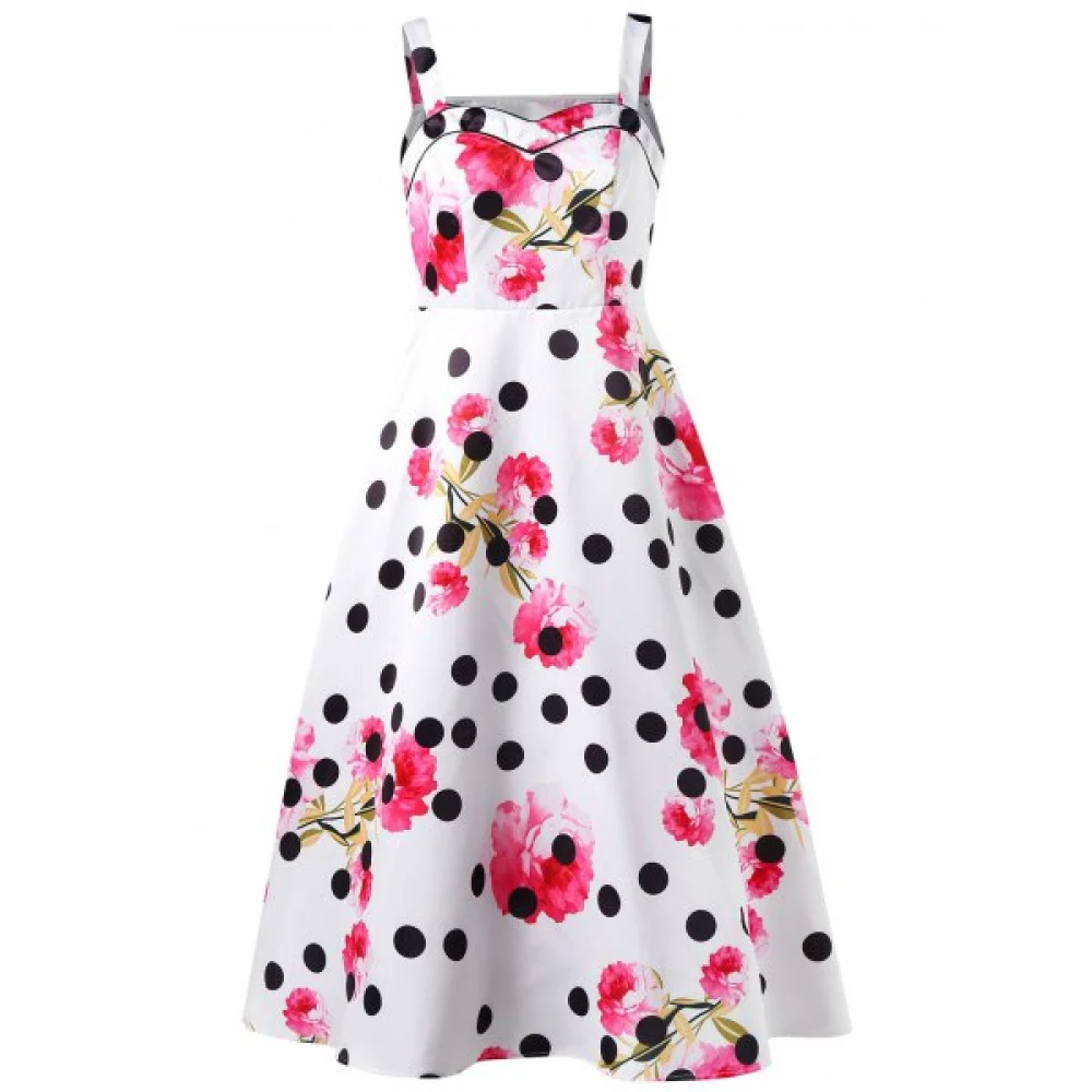 Polka Dot Floral Print Sleeveless Flare Dress - White Fansmadedirect