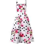 Polka Dot Floral Print Sleeveless Flare Dress - White Fansmadedirect