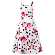 Polka Dot Floral Print Sleeveless Flare Dress - White Fansmadedirect