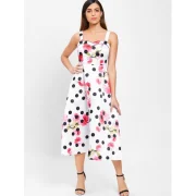 Polka Dot Floral Print Sleeveless Flare Dress - White Fansmadedirect