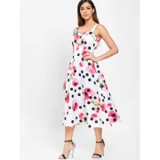 Polka Dot Floral Print Sleeveless Flare Dress - White Fansmadedirect