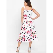 Polka Dot Floral Print Sleeveless Flare Dress - White Fansmadedirect