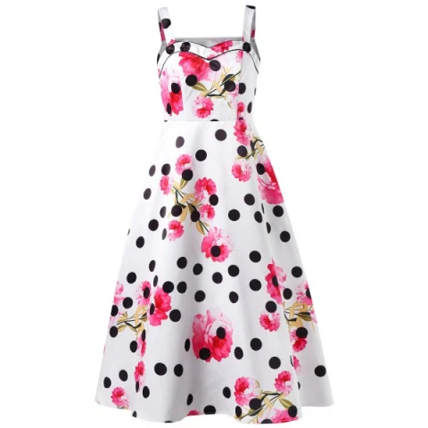Polka Dot Floral Print Sleeveless Flare Dress - White Fansmadedirect