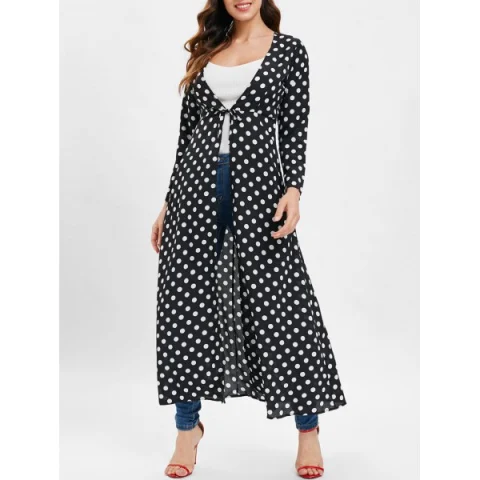 Polka Dot Tie Duster Coat - Black Fansmadedirect