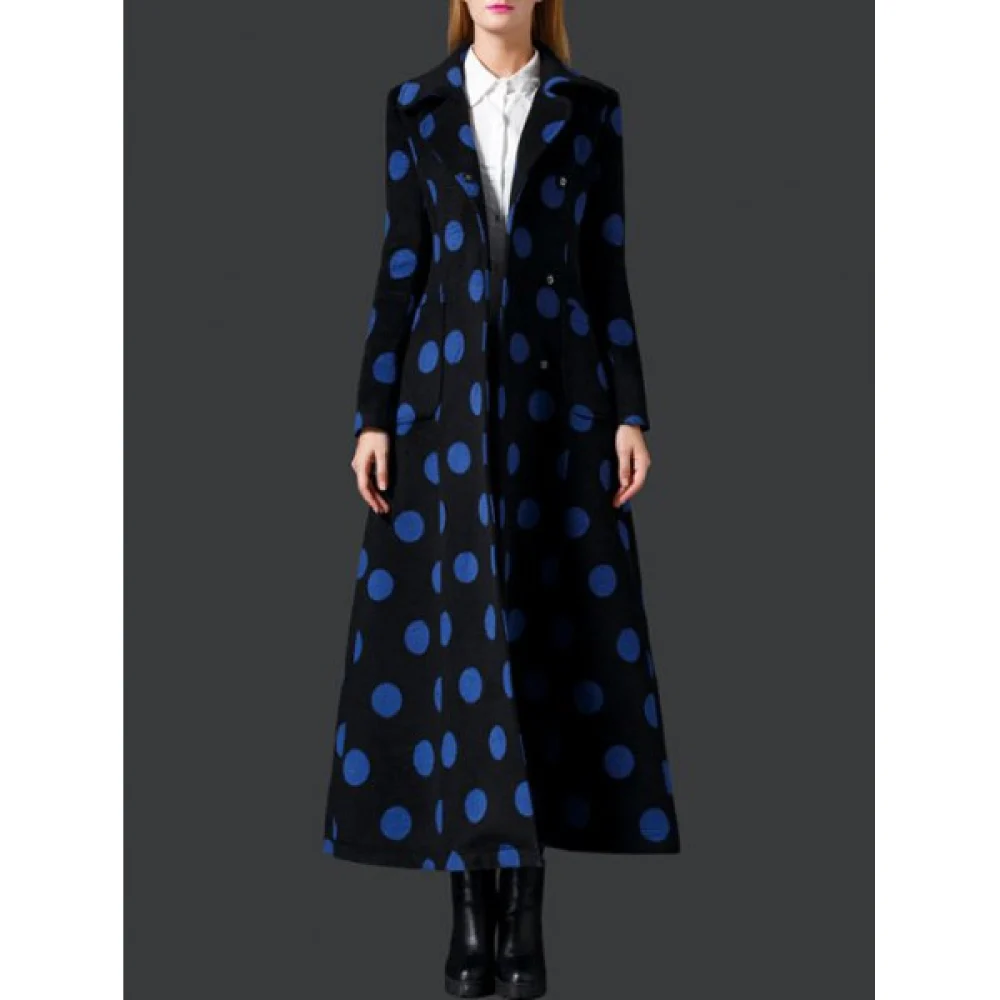 Polka Dot Wool kirted Maxi Coat - Black Fansmadedirect