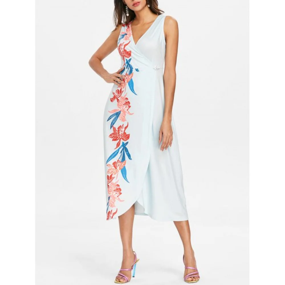 Print Casual Overlap Dress - Pale Blue Lily Fansmadedirect
