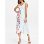 Print Casual Overlap Dress - Pale Blue Lily Fansmadedirect