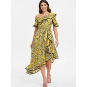 Print Cold houlder Ruffle Asymmetric Dress - Rubber Ducky Yellow Fansmadedirect