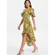 Print Cold houlder Ruffle Asymmetric Dress - Rubber Ducky Yellow Fansmadedirect
