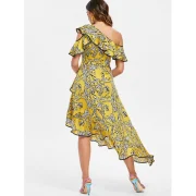 Print Cold houlder Ruffle Asymmetric Dress - Rubber Ducky Yellow Fansmadedirect