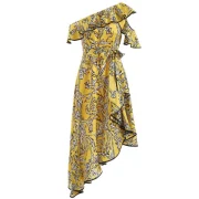 Print Cold houlder Ruffle Asymmetric Dress - Rubber Ducky Yellow Fansmadedirect