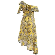 Print Cold houlder Ruffle Asymmetric Dress - Rubber Ducky Yellow Fansmadedirect