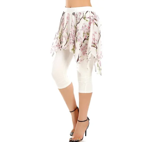 Print Layered Ruched Cropped Pants - White Fansmadedirect