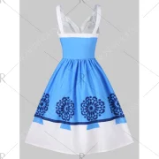 Print Ruched 50s Pin Up Dress - Deep Sky Blue Fansmadedirect
