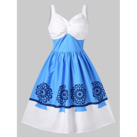 Print Ruched 50s Pin Up Dress - Deep Sky Blue Fansmadedirect