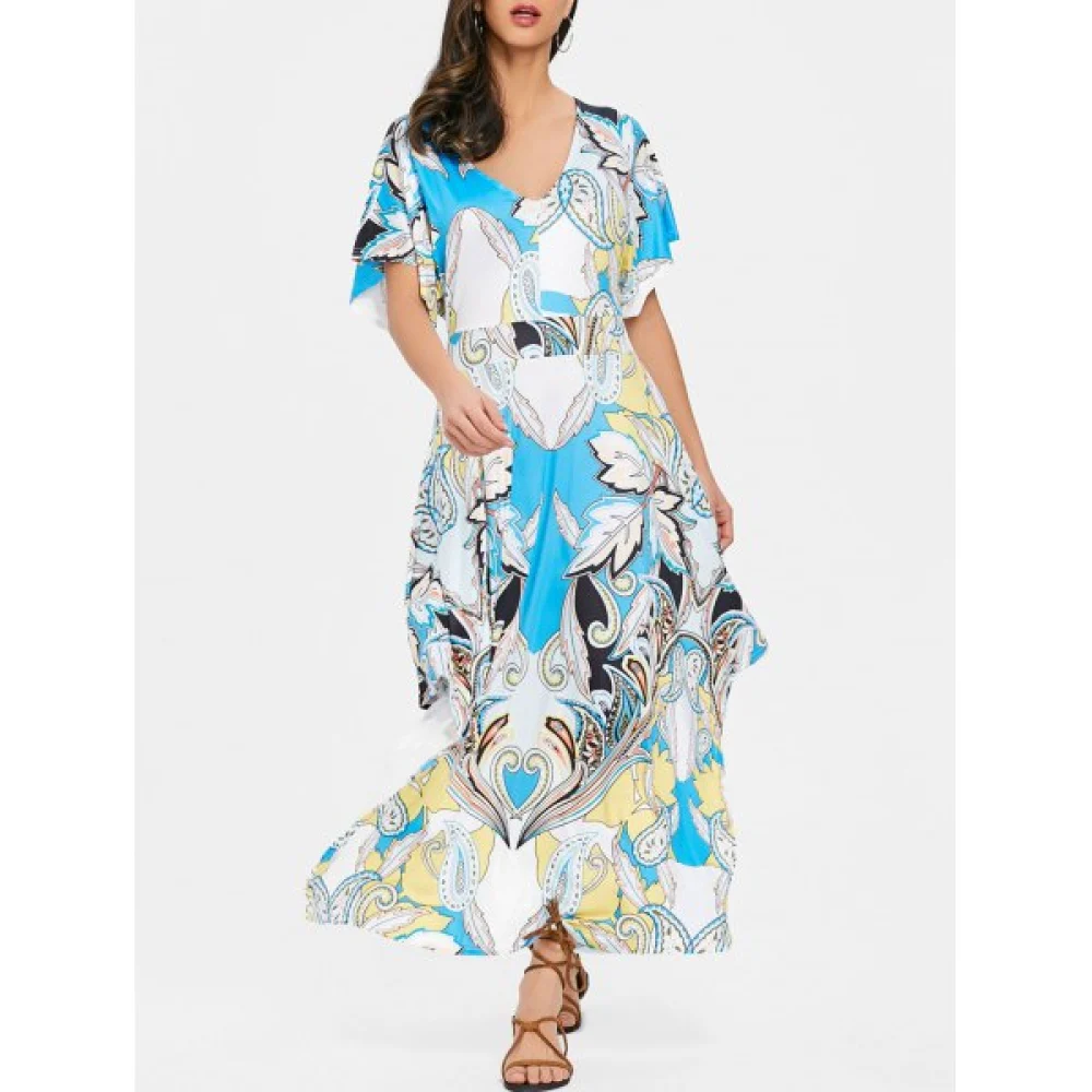 Print V-neck Maxi Dress - Blue Fansmadedirect