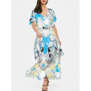 Print V-neck Maxi Dress - Blue Fansmadedirect