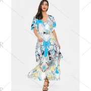 Print V-neck Maxi Dress - Blue Fansmadedirect