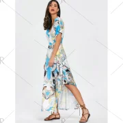 Print V-neck Maxi Dress - Blue Fansmadedirect