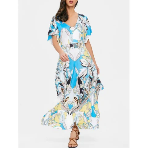 Print V-neck Maxi Dress - Blue Fansmadedirect