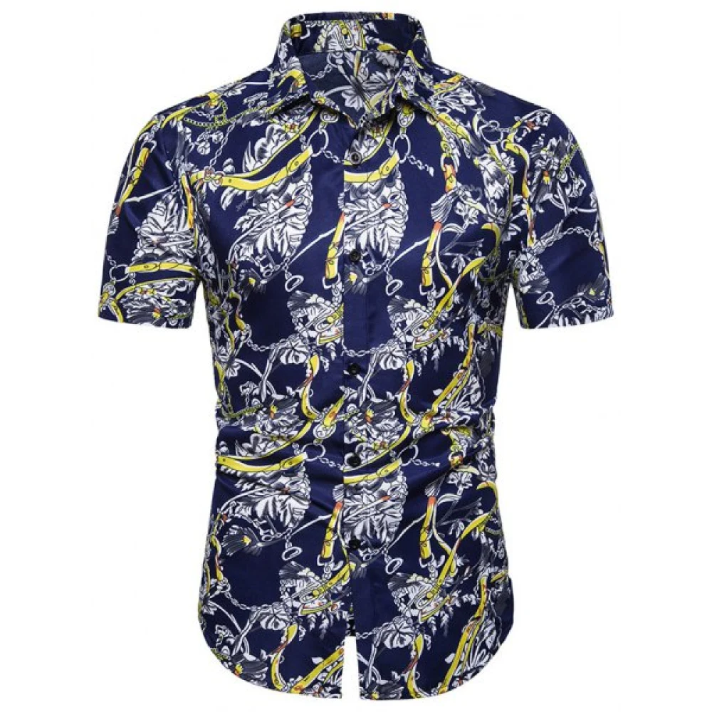 Printed Decoration Short Sleeves Shirt - Cadetblue Fansmadedirect