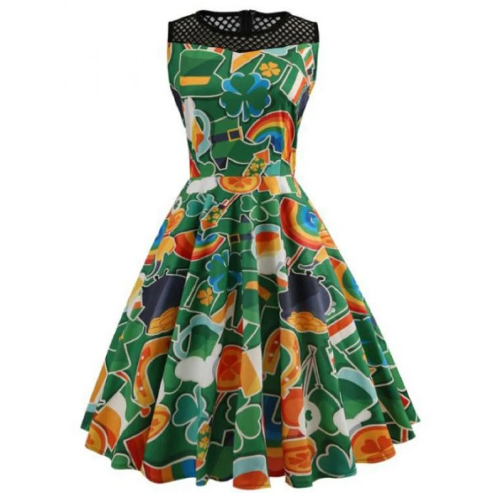 Printed esh Panel Flare Dress - Fansmadedirect