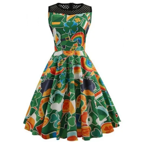 Printed esh Panel Flare Dress - Fansmadedirect