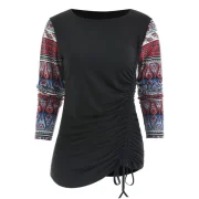 Printed leeve Drawstring Ruched T-shirt - Black Fansmadedirect