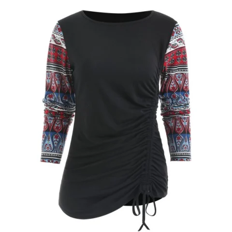 Printed leeve Drawstring Ruched T-shirt - Black Fansmadedirect