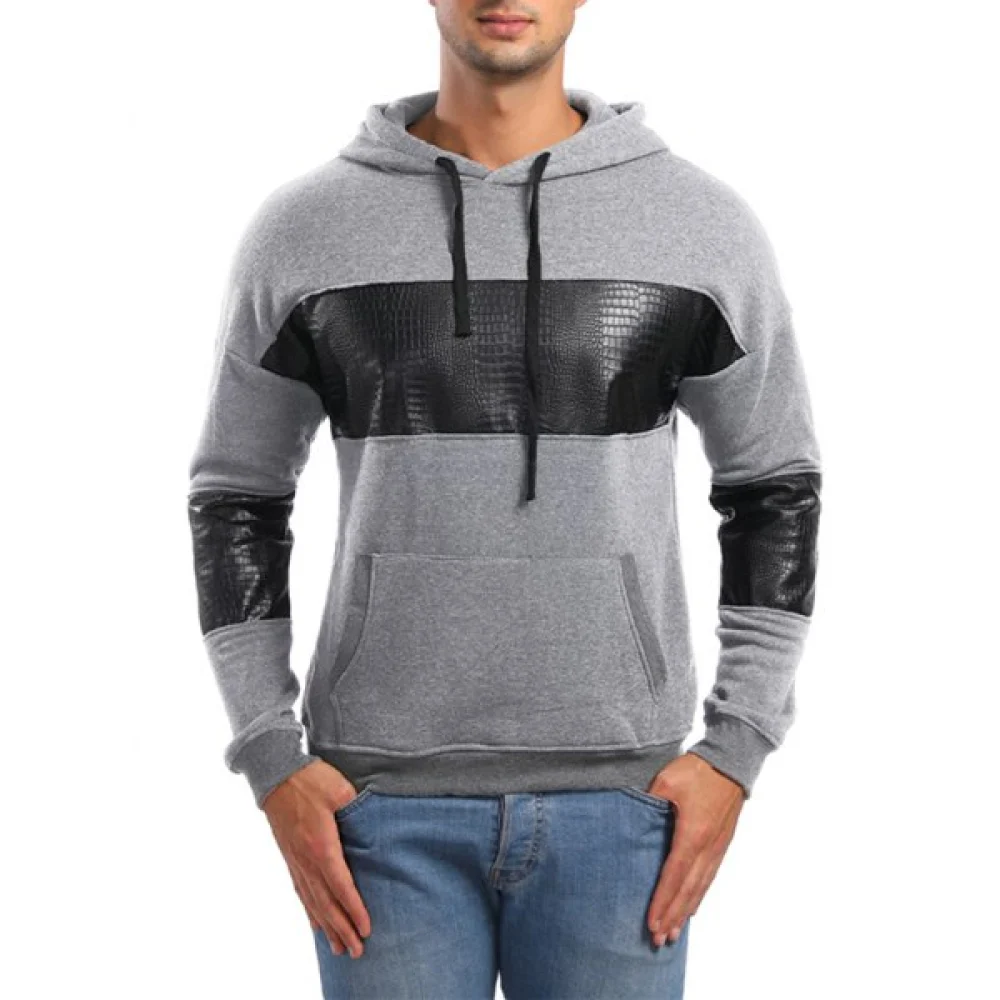 PU Leather Spliced Pullover Hoodie - Light Gray Fansmadedirect