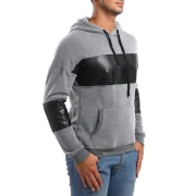 PU Leather Spliced Pullover Hoodie - Light Gray Fansmadedirect