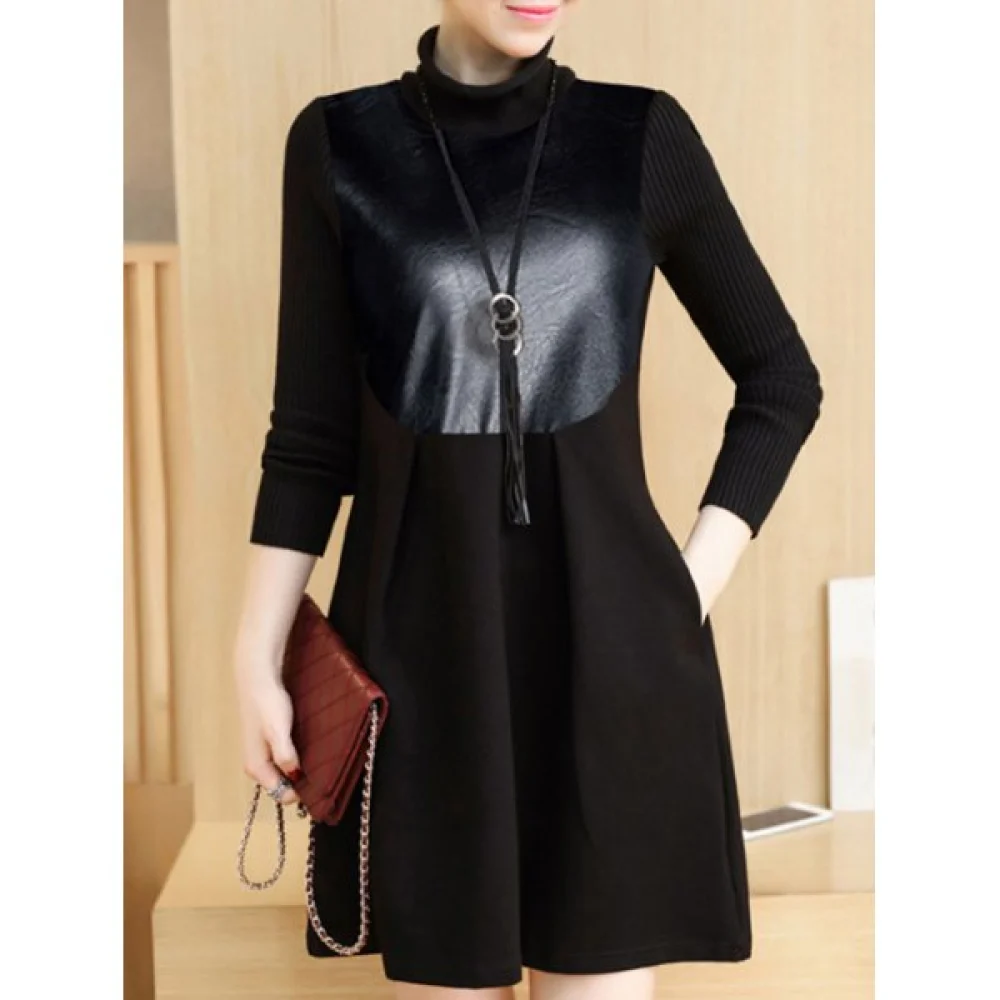 PU Panel Color Block Long Sleeve Dress - Black Fansmadedirect