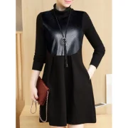 PU Panel Color Block Long Sleeve Dress - Black Fansmadedirect