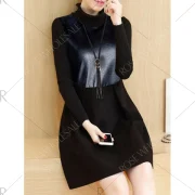 PU Panel Color Block Long Sleeve Dress - Black Fansmadedirect