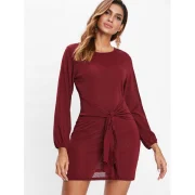 Puff Sleeve Short Dress - Red Wine Fansmadedirect