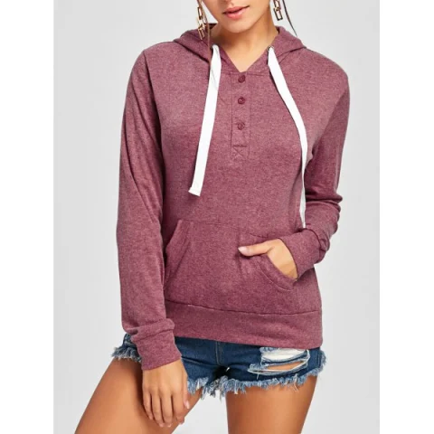 Pullover Buttons Kangaroo Pocket Long leeve Hoodie - Claret Fansmadedirect