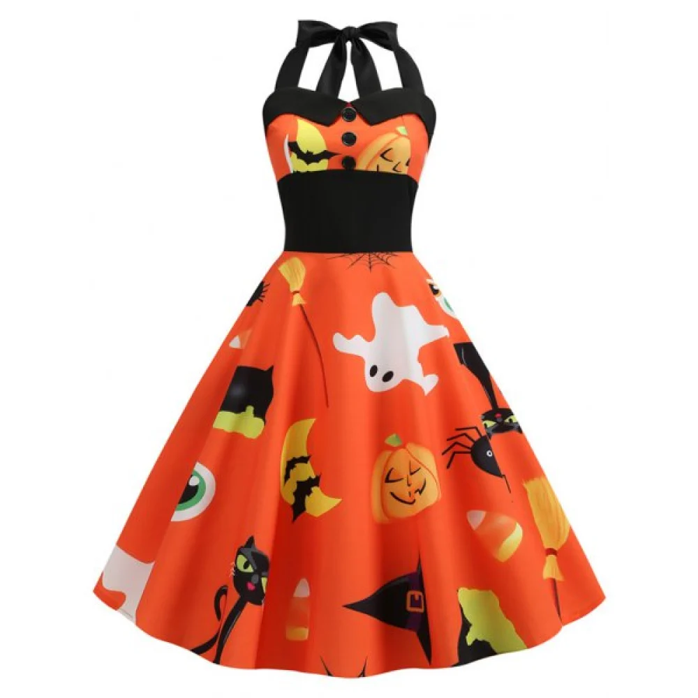 Pumpkin Ghost Buttons Halloween Halter Dress - Halloween Orange Fansmadedirect