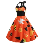 Pumpkin Ghost Buttons Halloween Halter Dress - Halloween Orange Fansmadedirect